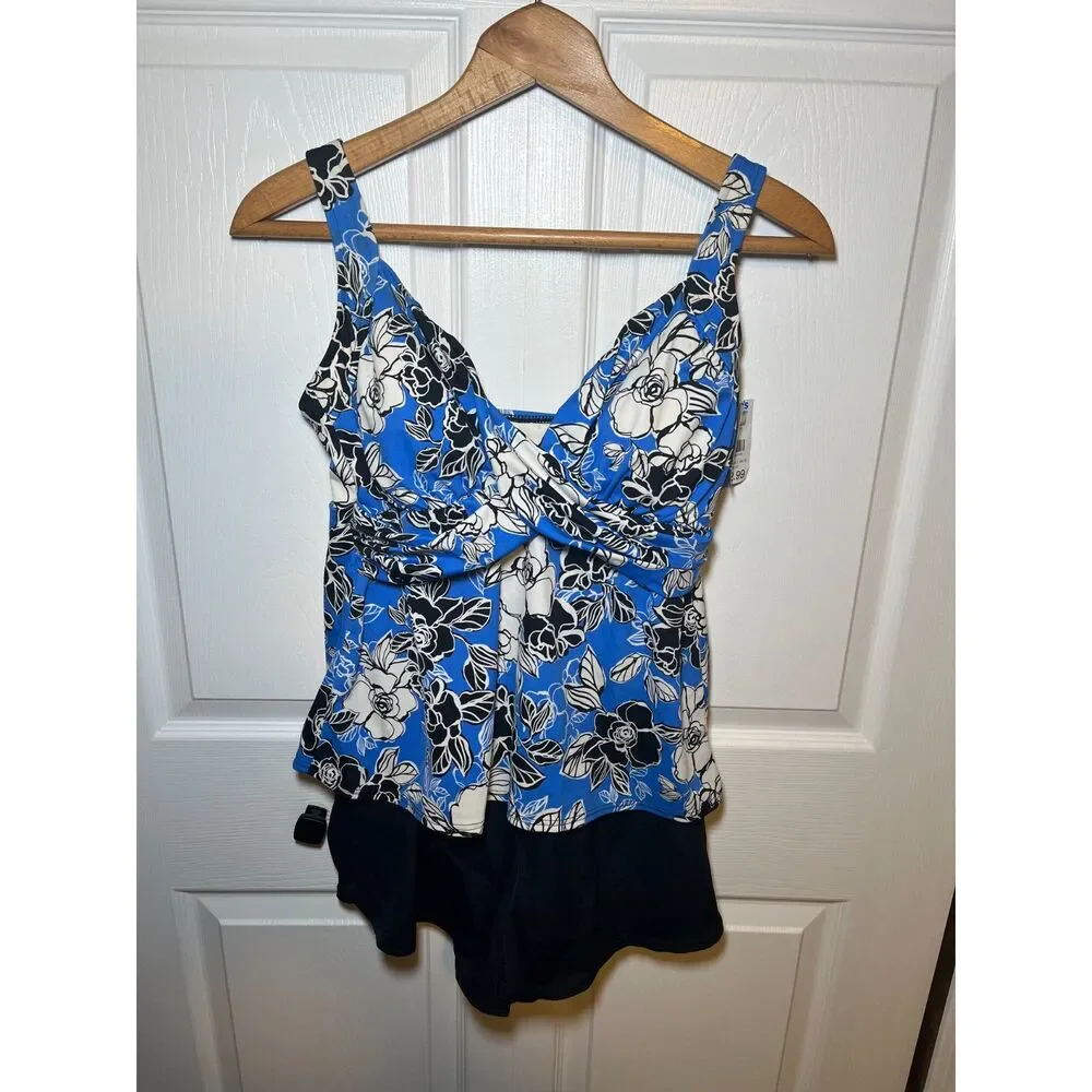 Trimshaper Women’s Swim Dress Size 10 Blue Floral Tummy Control One Piece - Picture 1 of 4